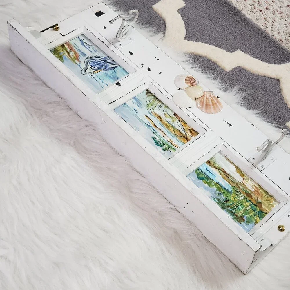 Vintage Signed Artsy Beachy Shabby chic Coastal Wall 2 Hook Shelf